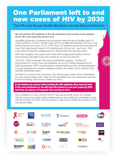 Click here to read the full manifesto, One Parliament Left - The HIV and Sexual Health Manifesto