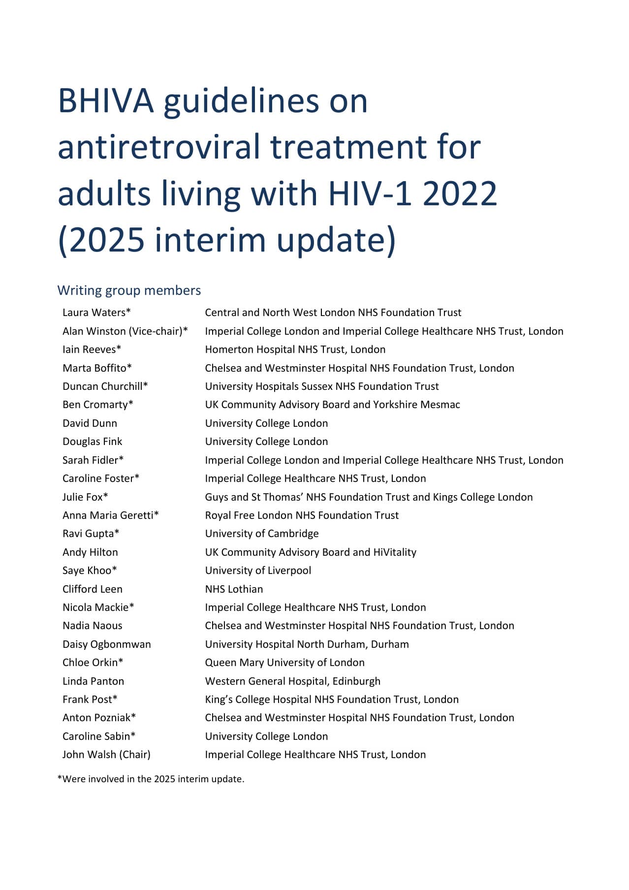BHIVA guidelines on antiretroviral treatment for adults living with HIV-1 2022 2025 interim update